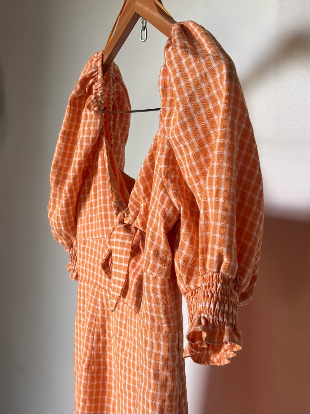 Altar'd State Apricot Gingham Puff-Sleeve Tie-Front Mini Dress Size Small - Picture 3 of 10